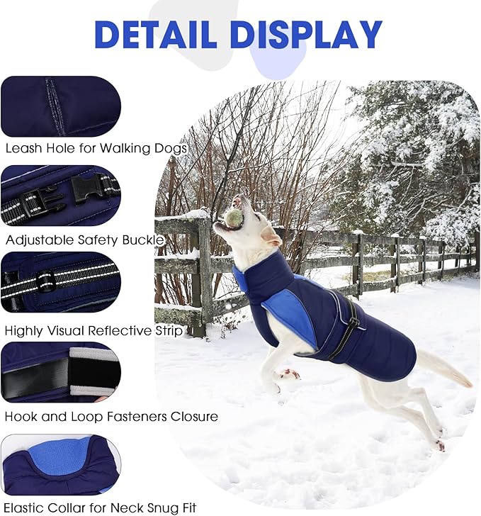 Nanaki Warm Fleece Lined Dog Coats Vests for Winter Waterproof, Furry Collar Dog Jacket with Leash Hole, Reflective Pet Snow Jacket Suit for Outdoor Walking Hunting,Easy On Puppy Coat Beagle, Blue L