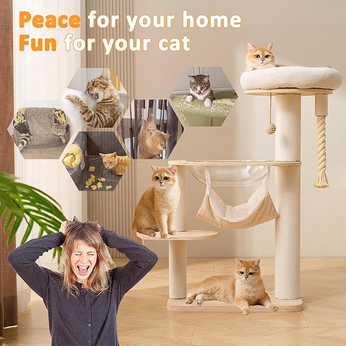 Modern Cat Tree Tower with Hammock for Indoor, Multifunctional 41-in Spacious Cat Tower with Bed, Space Capsule, Dangling Ball, Interactive Rope, Scratching Post