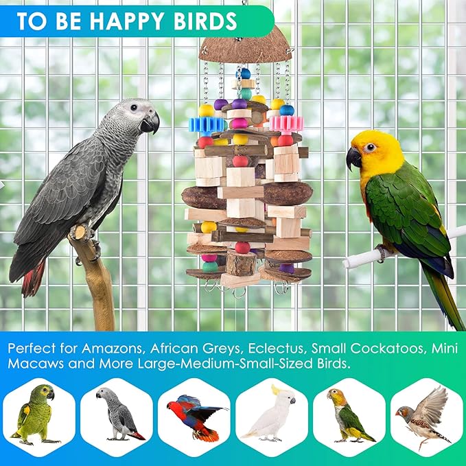 KATUMO Bird Toys, 2PCS Large Wooden Blocks & Coconut Shell Chew Toys for African Grey Cockatoo Amazon Parrots and Medium to Large Birds