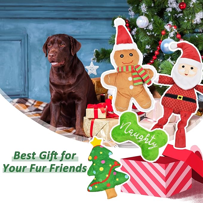Christmas Dog Toys, 4pcs Stuffed Dog Squeaky Toys for Teething and Chewing, Tough Xmas Gift Toy Bundle Santa Toys for Small Large Dogs Puppy