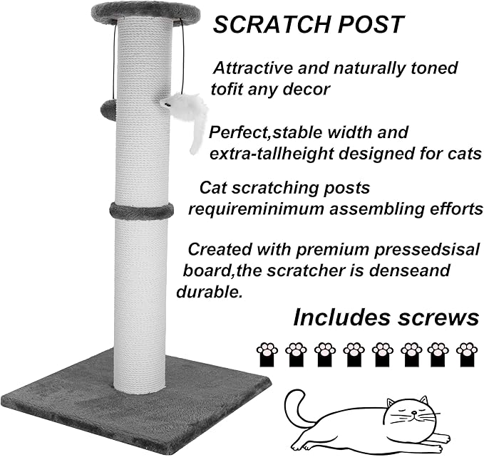 Cat Scratching Post 34 Inches Heavy Duty and Thicker Cat Scratching Post Sisal Rope with Hanging Ball and Mice Scratching Post for Indoor Cats and Adult(Grey)