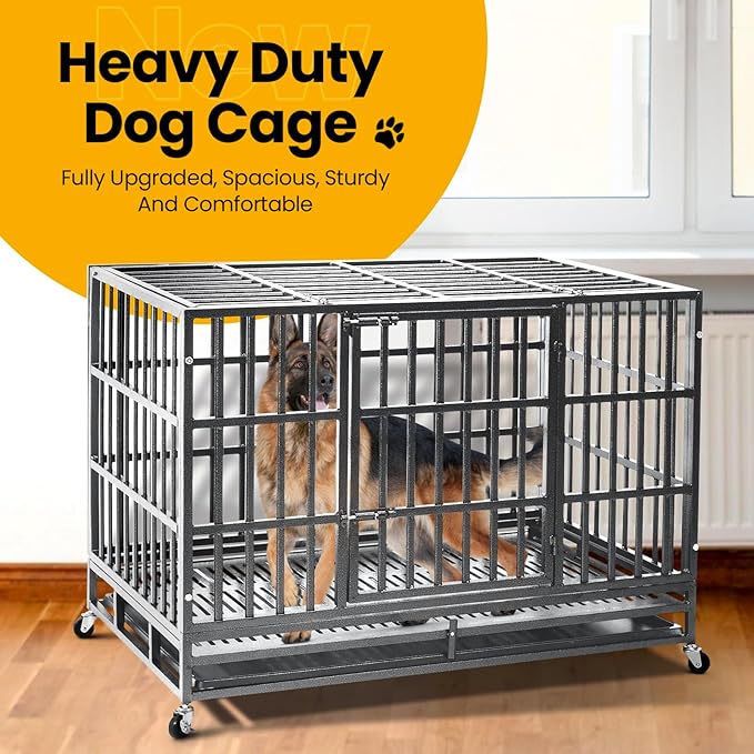Oranland 48 inch Heavy Duty Indestructible Dog Crate,2025 New Upgraded Reinforced Baseplate for Large Dogs,XL Dog Crate for High Anxiety Dogs/Max Load Capacity 250lbs/Double Door with Wheels(Silver)