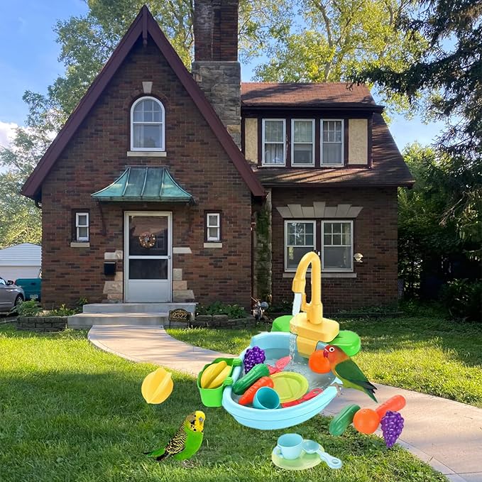 Bird Bath for Cage, Automatic Bath for Birds, Parrot Shower Bathtub Outdoor with Faucet, Bird Shower Swimming Pool Toy for Ferret, Budgie, Goldfinch, Cockatiel, Parakeet, Lovebird(Blue)