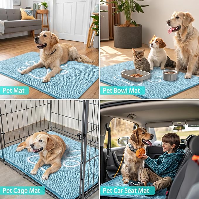 Smiry Dog Door Mat for Muddy Paws, Absorbent Dirt Trapper Non Slip Quick Dry Washable Chenille Mat for Mud Dogs, Entry Rug for Indoor and Outdoor (36x24 Inches, Sky Blue)