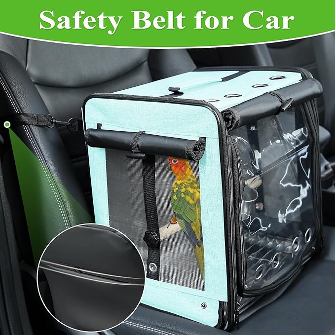 Sanmoncare Bird Carrier for Car Travel with Seat Belt, Indestructible Stainless Steel Mesh Parrot Backpack Travel Cage