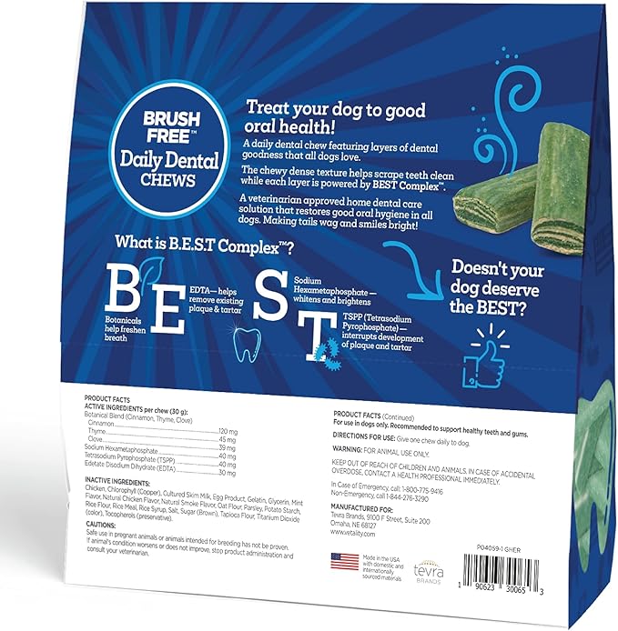 Brush Free Daily Dental Care Chews for Dogs | Cleans Teeth and Freshens Breath | 30 Count | B.E.S.T. Complex Provides Complete Oral Cleaning and Tartar Control