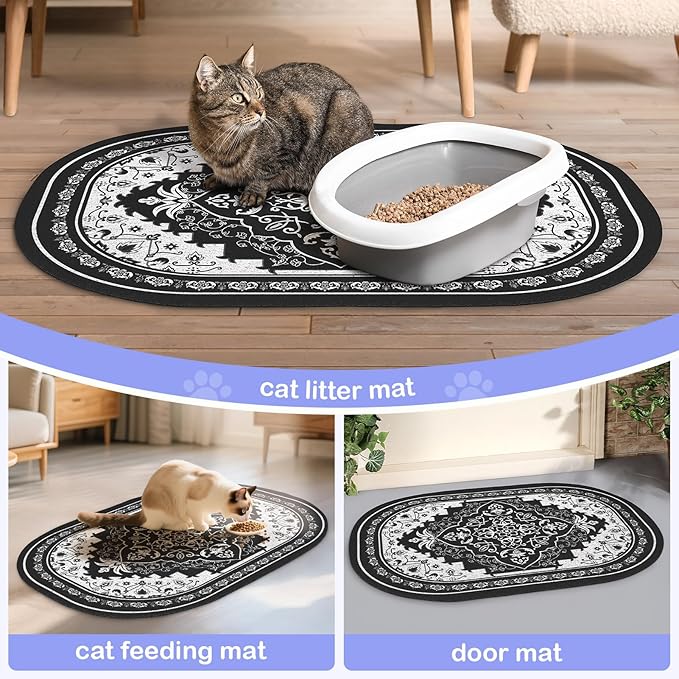 Bienbee Cat Litter Mat, 33" x 22" Large Size Litter Box Mat Rug with Non-Slip Bottom, Easy to Clean Cat Supplies Accessories Essentials for Indoor Kitty Kitten Floor, Black L