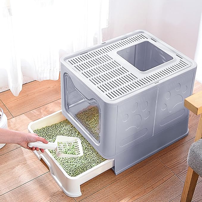 Top Entry Cat Litter Box With Lid - Enclosed Anti-Splashing Potty, Foldable Large Covered Toilet Pan, Cat Supplies With Scoop, Brush and Garbage Bag
