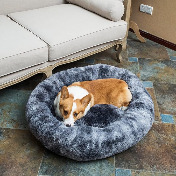 Oval Calming Donut Cuddler Dog Bed,Shag Faux Fur Cat Bed Washable Round Pillow Pet Bed(30"/36"/43") for Small Medium Dogs (XL(36"x27"x7"), Grey2021)