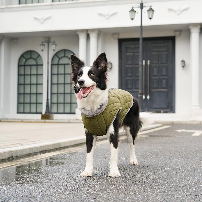 Warm Fleece Dog Coats with Durable Harness Buitl in D-Ring,Waterproof Doggie Jacket for Large Dogs,Dog Vest for Cold Winter,Green XXL