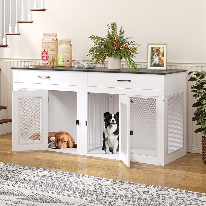 71 Inch Dog Crate Furniture for 2 Dogs,XXL Thick Wooden Double Kennel TV Stand w/Removable Divider - Heavy Duty Indoor Cage for Large Breeds (White & Black Top, 71L* 23.6W* 33.5" H)