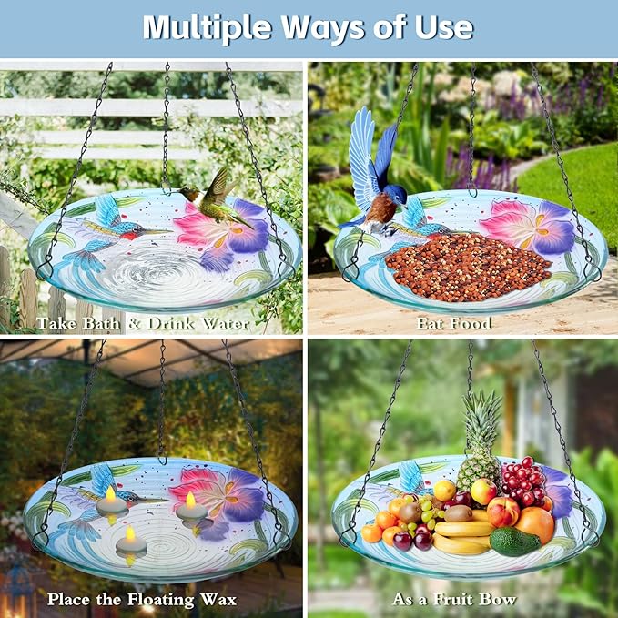 MUMTOP Hanging Bird Baths for Outdoors - Glass Bird Bath, 12 Inch Hanging Bird Bath Bird Feeder Bowl for Outside, Garden, Lawn Yard Decor