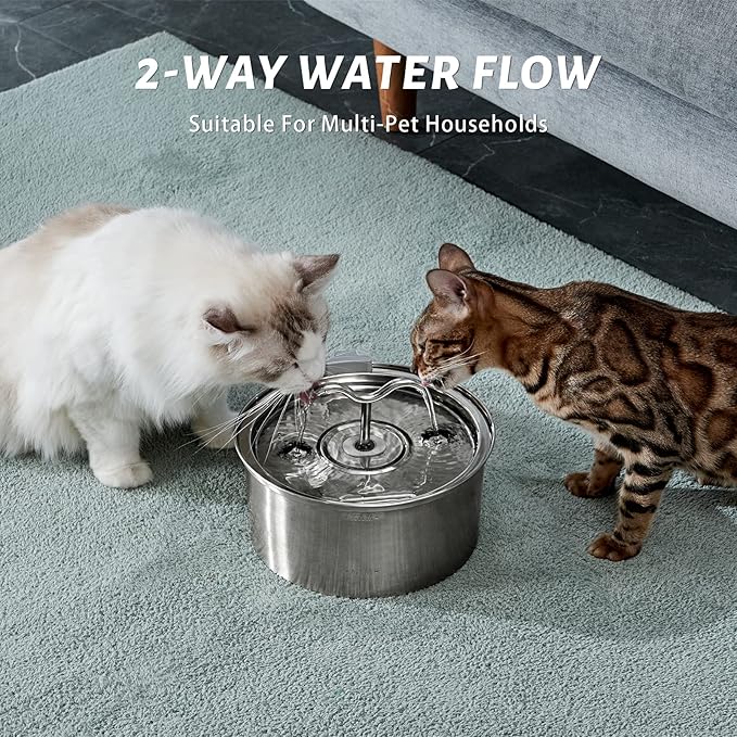 DOOOB Cat Water Fountain, 3.2L/108OZ Stainless Steel Pet Water Dispenser Automatic Metal Dog Drinking Fountains Water Bowl with 8 Filters & 8 Sponges and Ultra-Quiet Pump
