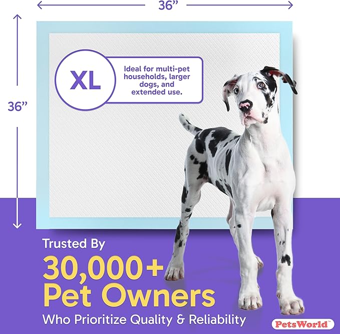 PETSWORLD Giant Dog Potty Pads, Odor-Eliminating, 36" x 36", Ultra Absorbent 5-Layer Leak-Proof Training Pads for Dogs & Cats (36x36, 100 Count)