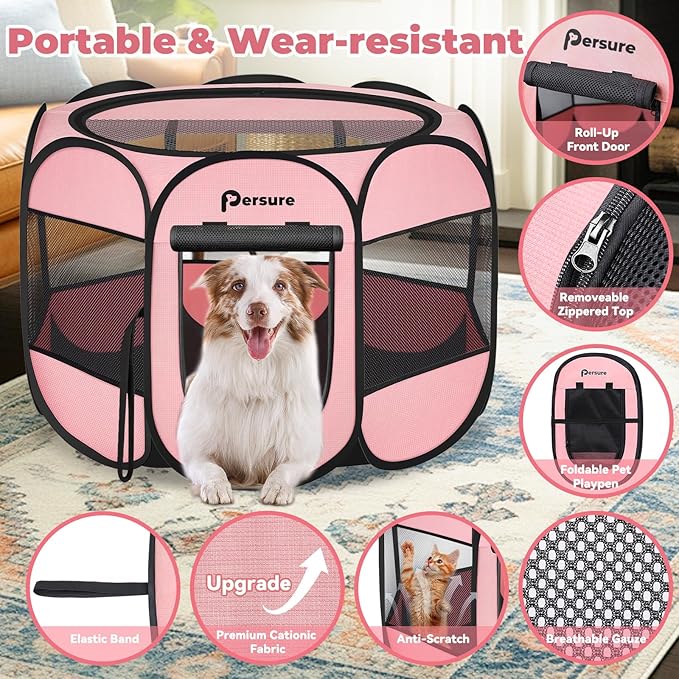 Dog Cat Playpen Indoor Outdoor for Puppy Pet Cat Recovery After Surgery, Dog Tent Crates Cage Indoor/Outdoor, Portable Pop Up Dog Kennel with Carrying Case for Travel (Premium Pink, Large)