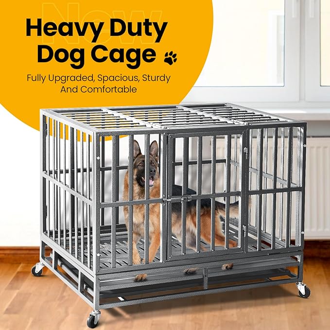 Oranland 38 inch Heavy Duty Indestructible Dog Crate,2025 New Upgraded Reinforced Baseplate for Large Dogs,XL Dog Crate for High Anxiety Dogs/Max Load Capacity 200lbs/Double Door with WheelsοΌSilverοΌ