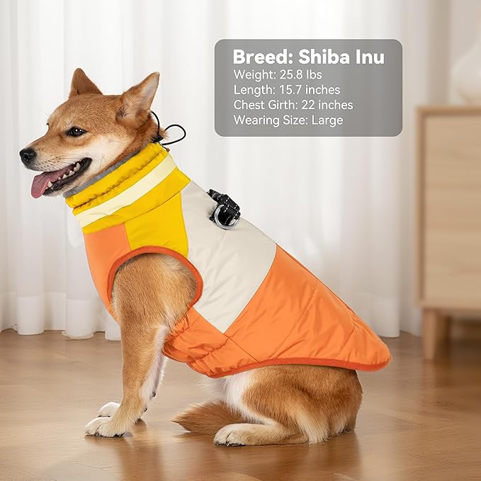 Dog Coat, Waterproof Dog Winter Jacket with Harness Built in, Turtleneck Warm Doggie Cold Weather Coats, Reflective Pet Vest for Indoor & Outdoor, Windproof Dogs Snowsuit, Orange Large