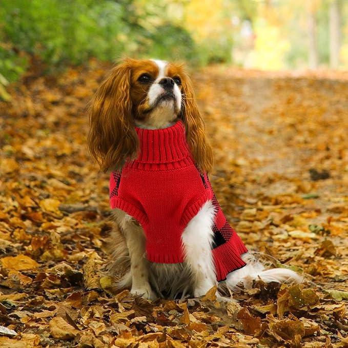 Dog Sweater Dress Plaid Knitwear for Small Medium Dogs Warm Puppy Pet Turtleneck Stretch Pullover Cute Fall Winter Vest Clothes with Leash Hole for Christmas (Red, S)
