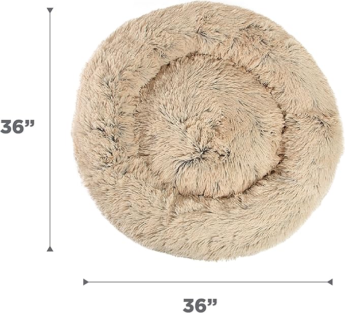 Best Friends by Sheri Original Calming Donut Dog and Cat Bed, Shag Faux Fur, Taupe, (36in x 36in) - Anxiety Relief for Pets Up to 100 lbs