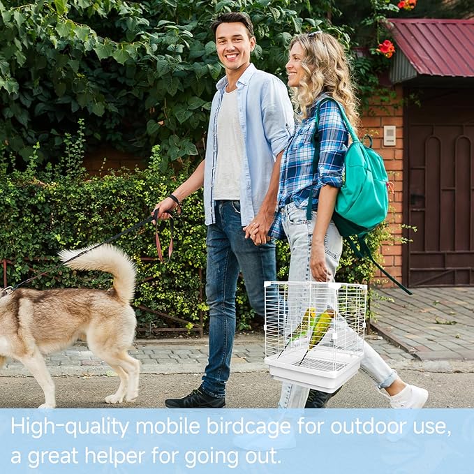 Small Bird Cage for Parakeets, Budgies & Canaries and More Small Birds - Lightweight Travel Birdcage & Bird Carrier with Handle, Stand, Removable Tray, Portable for Hanging, Outdoor Use, White