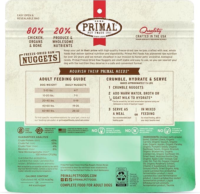 Primal Freeze Dried Raw Dog Food Nuggets, Chicken, Complete & Balanced Meal, Also Use as Topper or Treat, Premium, Healthy, Grain Free, High Protein Raw Dog Food, 5.5 oz