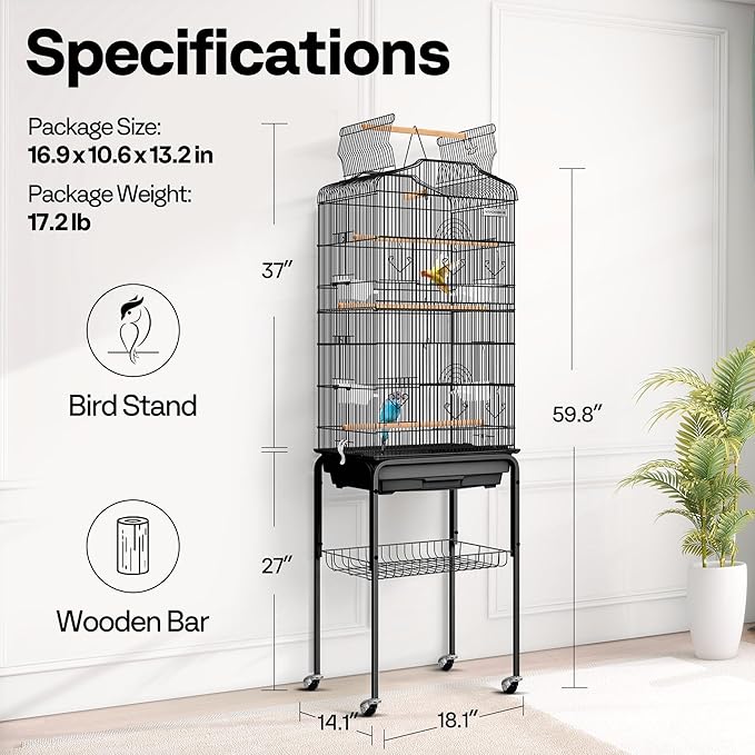 VIVOHOME 64 Inch Bird Cage with Play Top and Rolling Stand for Parrots Conures Lovebird Cockatiel Parakeets Black