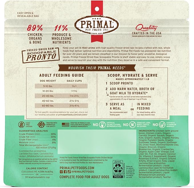 Primal Freeze Dried Dog Food, Pronto Mini Nuggets, Chicken; Scoop & Serve, Complete & Balanced Meal; Also Use As Topper or Treat; Premium, Healthy, Grain Free, High Protein Raw Dog Food(16 oz, 2-Pack)