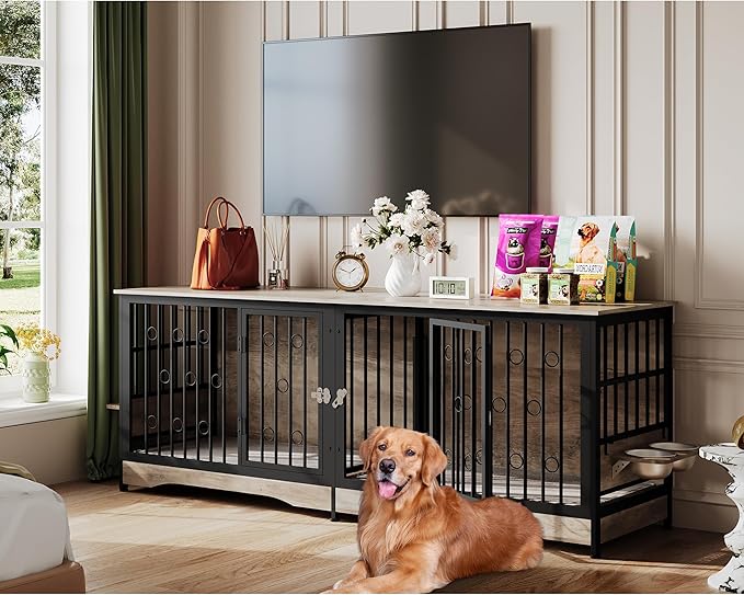 75'' Dog Crate Furniture Large Storage TV Stand with Dual Cushion / 4 Bowls/Double Rooms, Wooden Dog Kennel Dog Crate End Table with Removable Divider for Large Medium Dogs, Greige