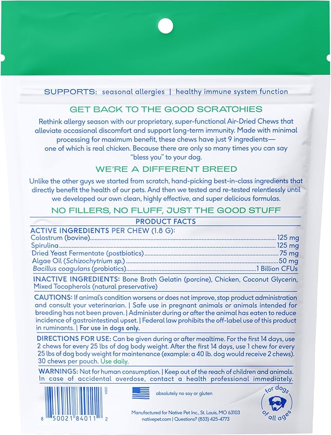 Native Pet Dog Allergy Chews - Dog Allergy Relief with Probiotics and Colostrum for Itchy Skin Relief to Support Seasonal Allergy and Healthy Immune System - All Natural Anti-Histamine - 30 Chews