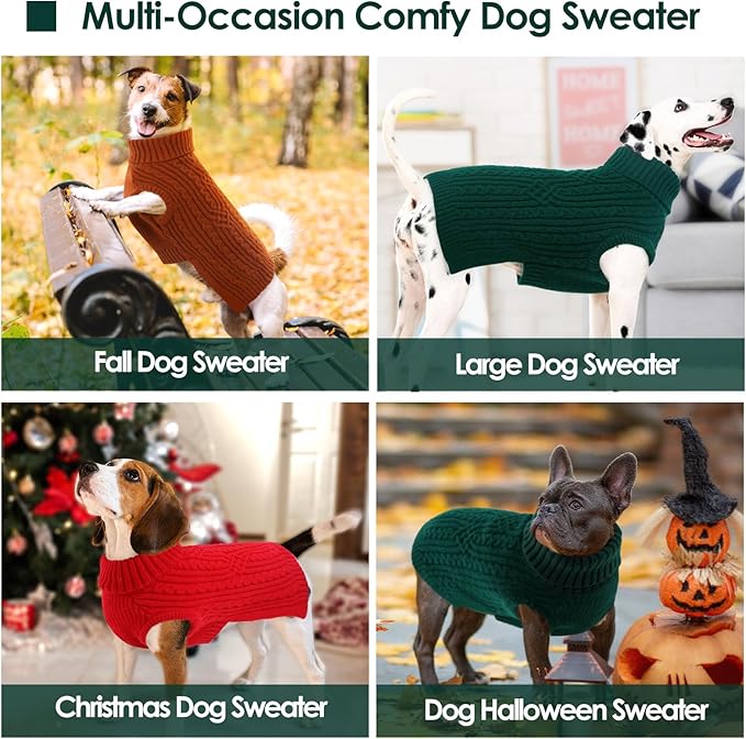 AOFITEE Dog Sweaters for Large Dogs, Stretchy Turtleneck Dogs Sweater for Christmas, Warm Dog Knitwear for Fall Winter, Green Pet Sweater with Harness Hole for Boston Terrier, French Bulldog, L