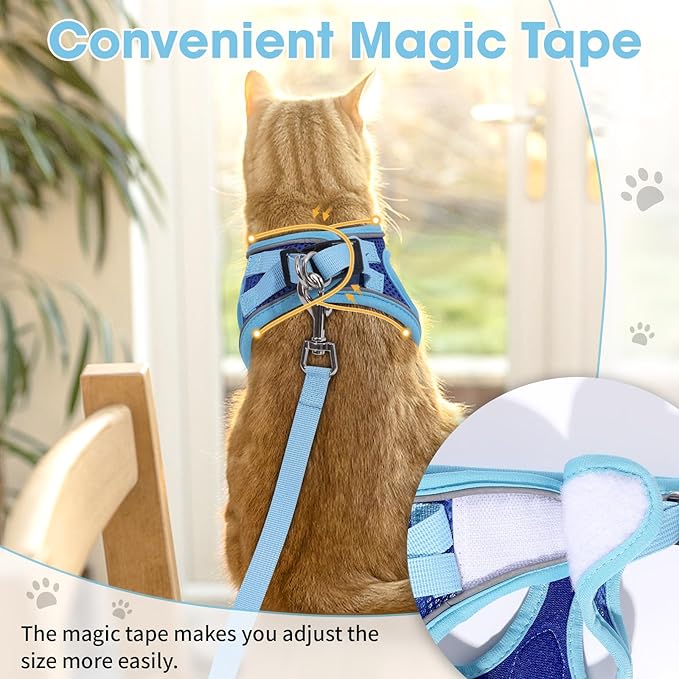 Cat Vest Harness and Leash Set for Walking, Escape Proof, Adjustable Kitten Harness Breathable Mesh with Reflective Strips, Detective Conan-Inspired Design with Glasses and Bow, Blue, L