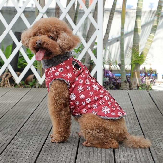 Warm Fleece Dog Coats with Durable Harness Buitl in D-Ring,Waterproof Puppy Jacket for Small Dogs,Dog Vest for Cold Winter,Red,Snow Pattern S