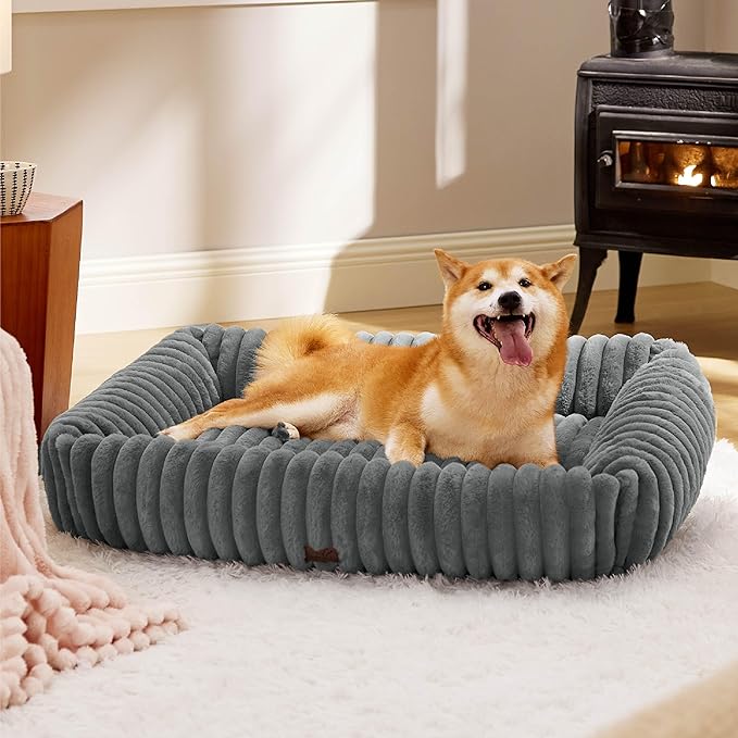 Bedsure Washable Dog Bed for Medium Dogs - Cute Furry Puppy Beds, Rectangle Orthopedic Corduroy Fleece Pet Beds with Removable Zipper Cover, 30x24x8inches, Warm Grey