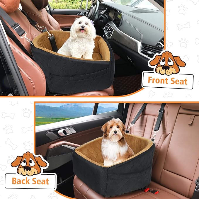 Dog Car Seat for Small Medium Dogs,Detachable Washable Dog Booster Seat Under 30lbs, Pet Car Seat Travel Bed with Storage Pockets and Dog Safety Belt(Black/Brown)