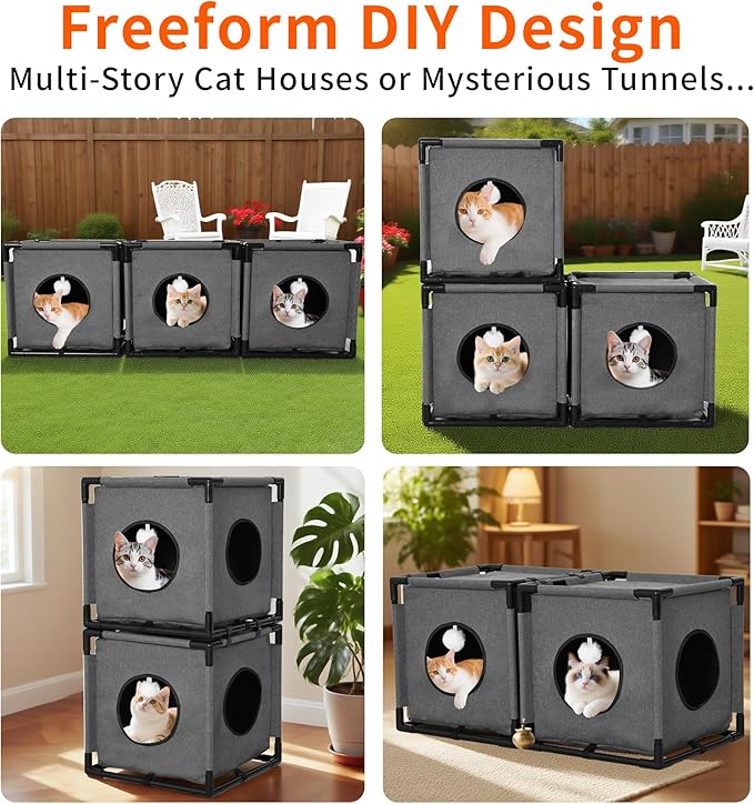 2-Story Cat House for Indoor Cats - Large Cat Cave Bed with Soft Velvet Pad and Fluffy Ball,Stable and Easy to Assemble Kitty Fort, Muti-Functional Cat Condo, Grey