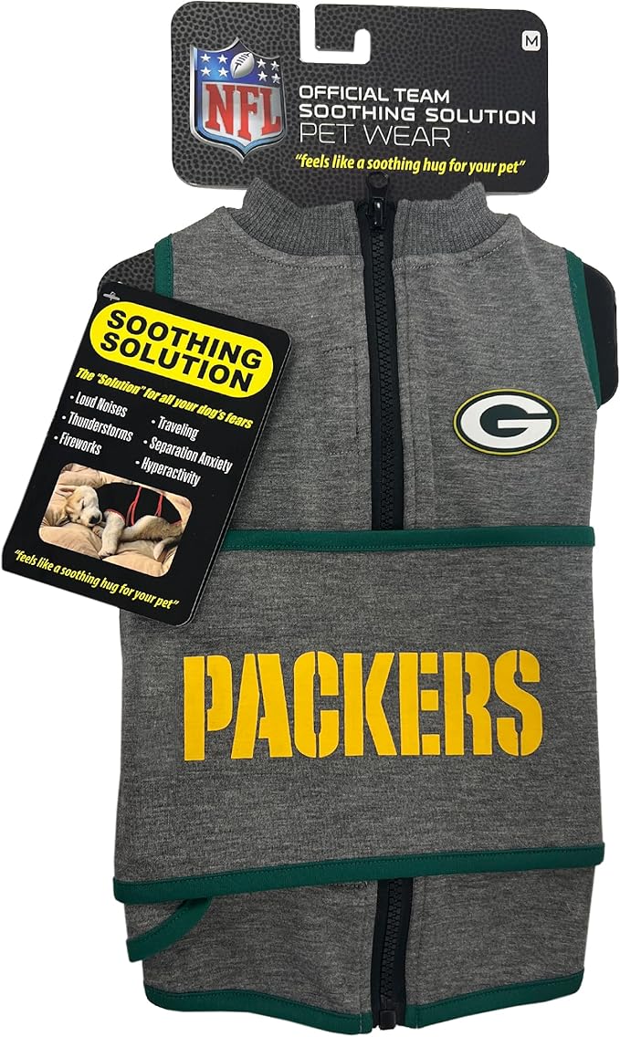 NFL Green Bay Packers Dog Anxiety Shirt Calming Soothing Solution Vest, for Dogs & Cats with Anxiety, Fears, Fireworks, Loud Noises, Dark, Lonely Keeps Dogs Calm Feeling Safe, Relaxing Jacket, Small
