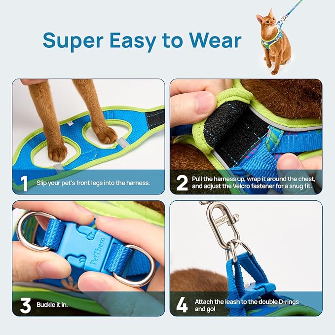 Cat Harness and Leash Set, Step-in Escape Proof Adjustable Vest Harness for Small Medium Large Cats, Lightweight Soft Breathable Reflective Kitten Harness for Walking Travel, Camping(Hawaii Green, XS)