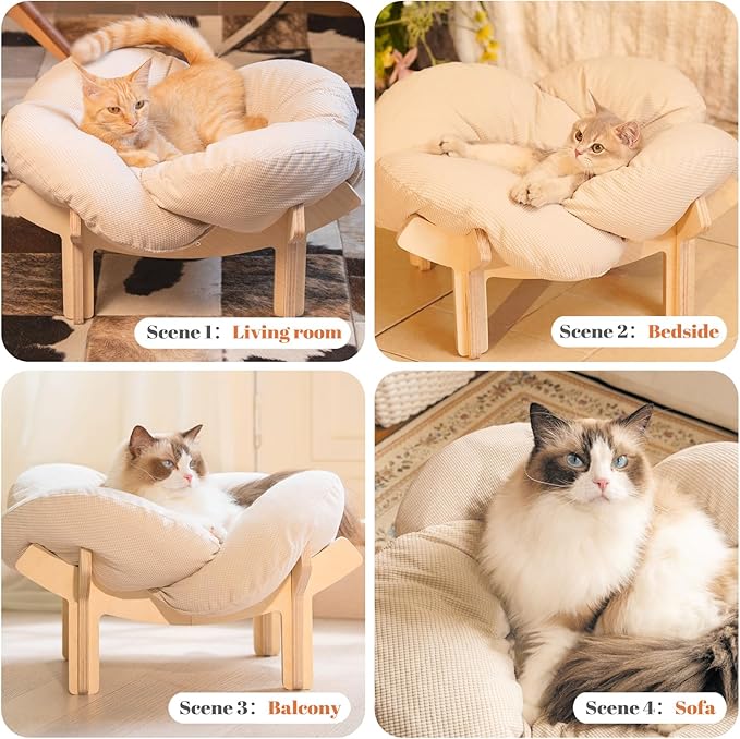 CHEERHOME PETS Elevated Cat Bed Wooden with Cushion Fluffy Pet Couch Sofa for Indoor Cats Raised Kitty Lounge Chair Suitable for Puppy, Cat Furniture(White)