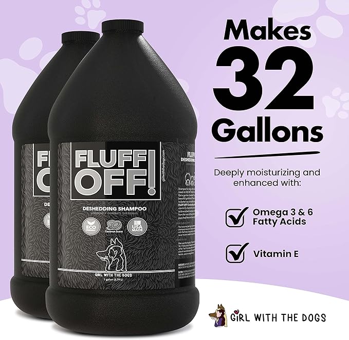 Fluff Off! by Girl With The Dogs, Natural Deshedding Dog & Cat Shampoo, 1 Gal, Made in USA, 8 Wks+