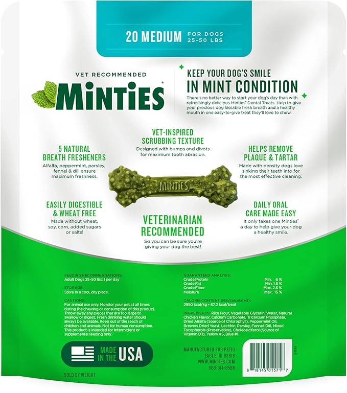 Minties Dental Chews for Dogs, 20 Count, Vet-Recommended Mint-Flavored Treats for Medium Dogs 25-50 lbs, Dental Bones Clean Teeth, Fight Bad Breath, and Removes Plaque and Tartar