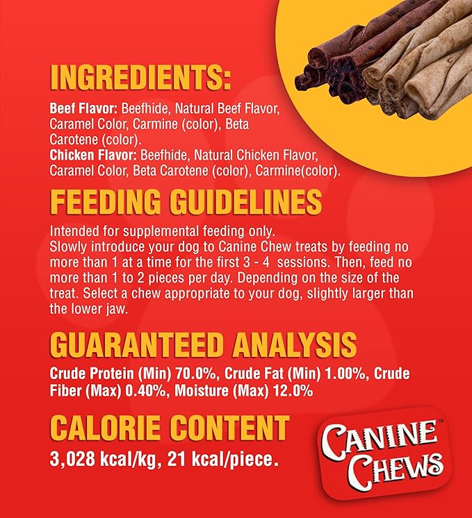 Canine Chews Beef & Chicken Basted Rawhide Twists - Dog Bones for Small Dogs - Rawhide Bones for Medium Dogs - Helps Promote Dental Health - 50 Beef & 50 Chicken Treats
