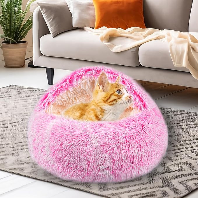 Cat Beds for Indoor Cats,Cat Cave for Puppy and Kitty,Calming Small Dog Bed for Small Dogs with Cover Cave,Cozy Warming Fluffy Washable Anti-Slip Pet Sleeping Bag(24 * 24inch,Pink)