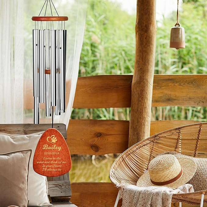 Personalized Dog Memorial Gifts for Loss of Dog Pet Memorial Gifts for Dogs Memory Wind Chimes for Loss of Loved One Dogs Sympathy Bereavement Gift Wind Chimes for Outside 25.5''(Design 1, Silver)