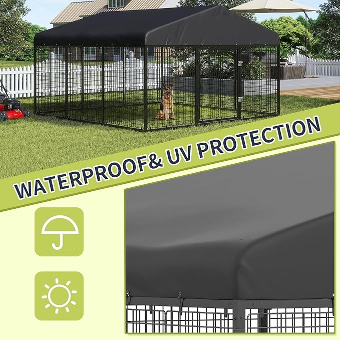 Outdoor Dog Kennel Steel for Medium/Small Dogs Anti-Rust Coating Cage with Roof All Weather Resistant Dog House with Double Locks (118" W x 118" D x 72.5" H)