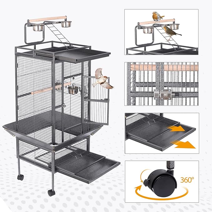 HSM 62 Inch Wrought Iron Large Bird Flight Cage with Rolling Stand for African Grey Parrot Cockatiel Sun Parakeet Conure Lovebird Canary…