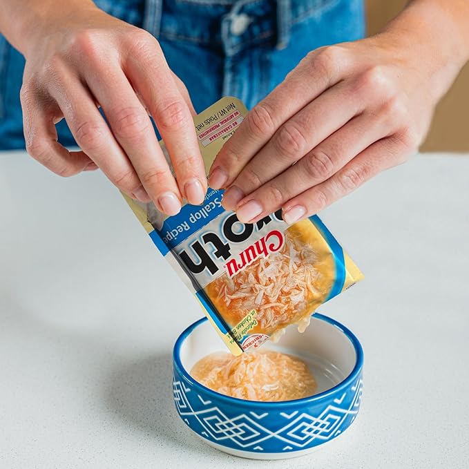 INABA Churu Broth for Cats, Creamy Broth with Shredded Chicken Side Dish Pouch, 1.4 Ounces per Pouch, 12 Pouches, Chicken & Seafood Variety (Pack of 2)