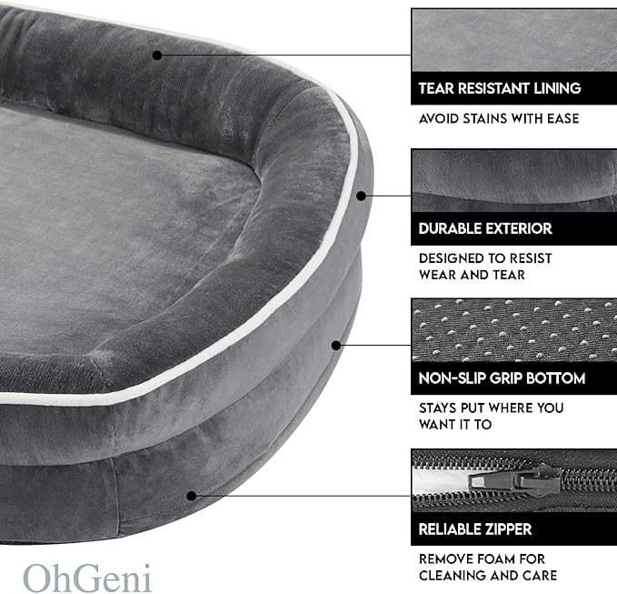 OhGeni Orthopedic Big Dog Couch Pet Sofa XL Sized Cat Beds with Comfort Foam Support, Soft Comfortable Fabric, Machine Washable Waterproof Removable Cover, 42-Inch (Gray)