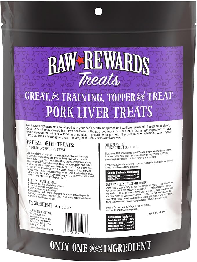 Northwest Naturals Raw Rewards Freeze-Dried Pork Liver Treats for Dogs and Cats - Bite-Sized Pieces - Healthy, 1 Ingredient, Human Grade Pet Food, All Natural - 10 Oz