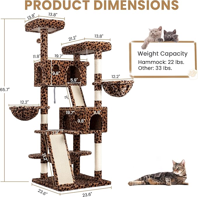 SHA CERLIN 65in Larger Cat Tree Tower Condo for Indoor Kitties/Multi-Level Furniture Activity Center with Wide Base/Cozy Plush Cat Perches/Baskets/Sisal Scratching Posts and Hammock/Leopard Print