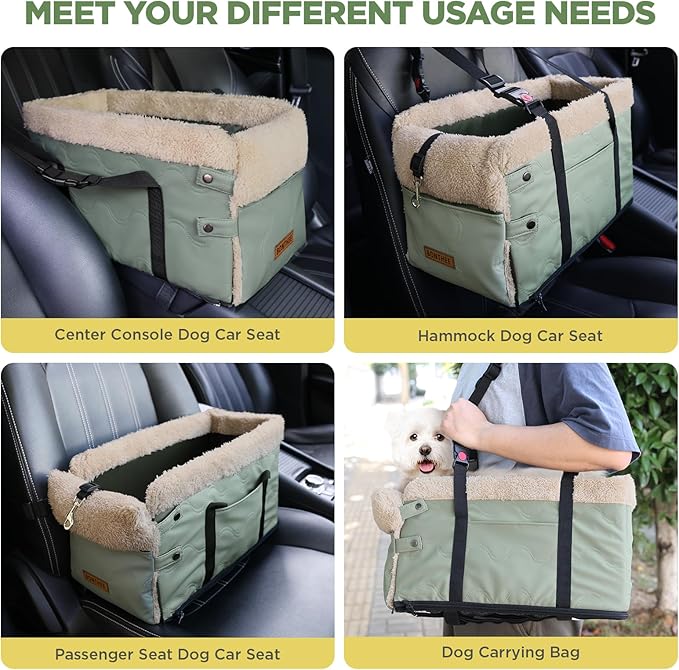 Center Console Dog Car Seat for Small Dogs,PU Leather Small Dog Car Booster Seat,Washable Foldable with Safe Protection Hooks Adjustable Straps and Storage Pocket Pet Up to 15lbs-Green